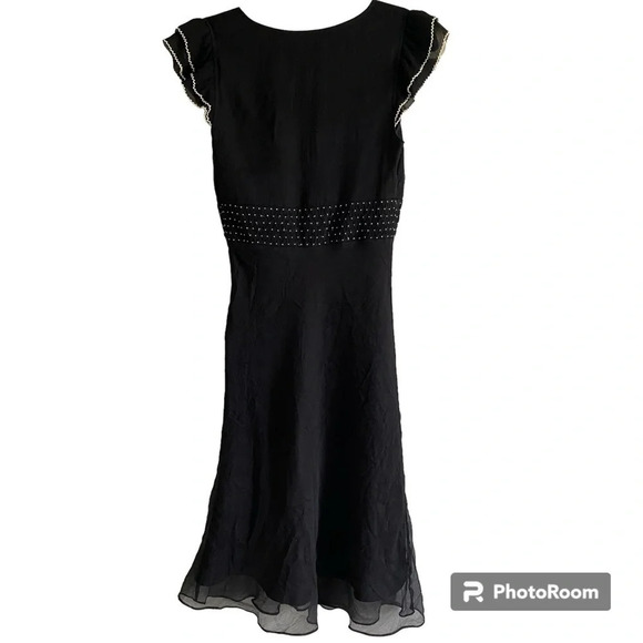 100% Silk  BCBGMAXAZRIA Black V-Neck Flowy Midi Dress Size 2 - Picture 2 of 13